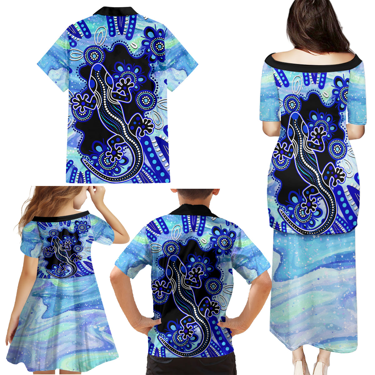 australia-family-matching-puletasi-dress-and-hawaiian-shirt-aussie-opal-pattern-with-lizard-aboriginal-art-turquoise