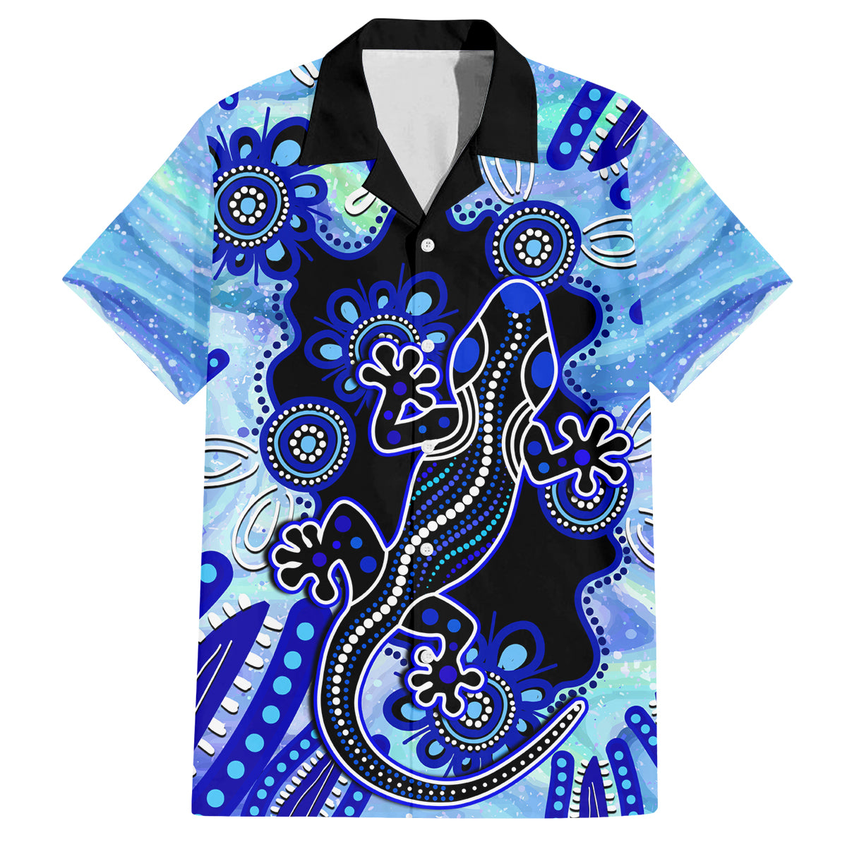 australia-family-matching-puletasi-dress-and-hawaiian-shirt-aussie-opal-pattern-with-lizard-aboriginal-art-turquoise