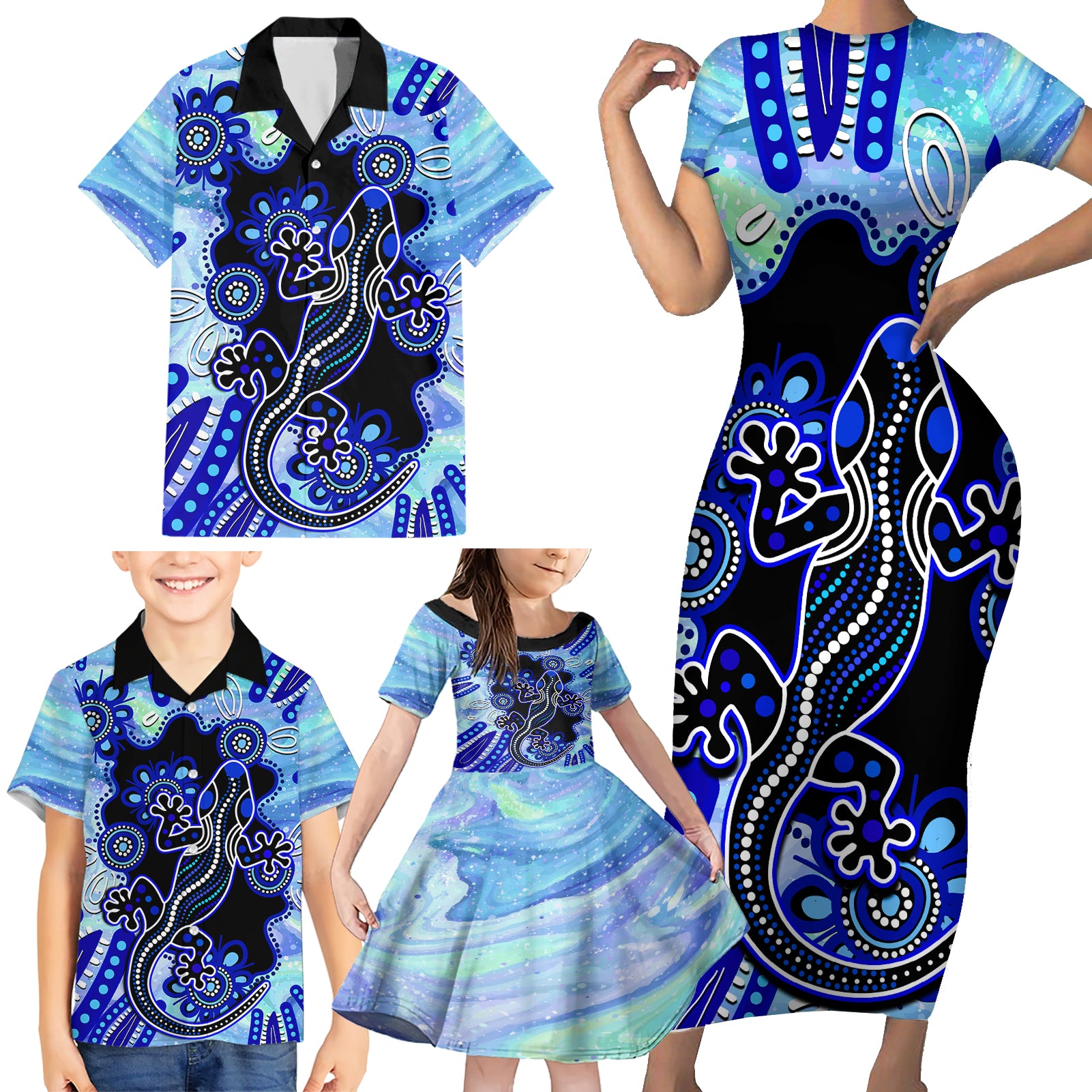 australia-family-matching-short-sleeve-bodycon-dress-and-hawaiian-shirt-aussie-opal-pattern-with-lizard-aboriginal-art-turquoise