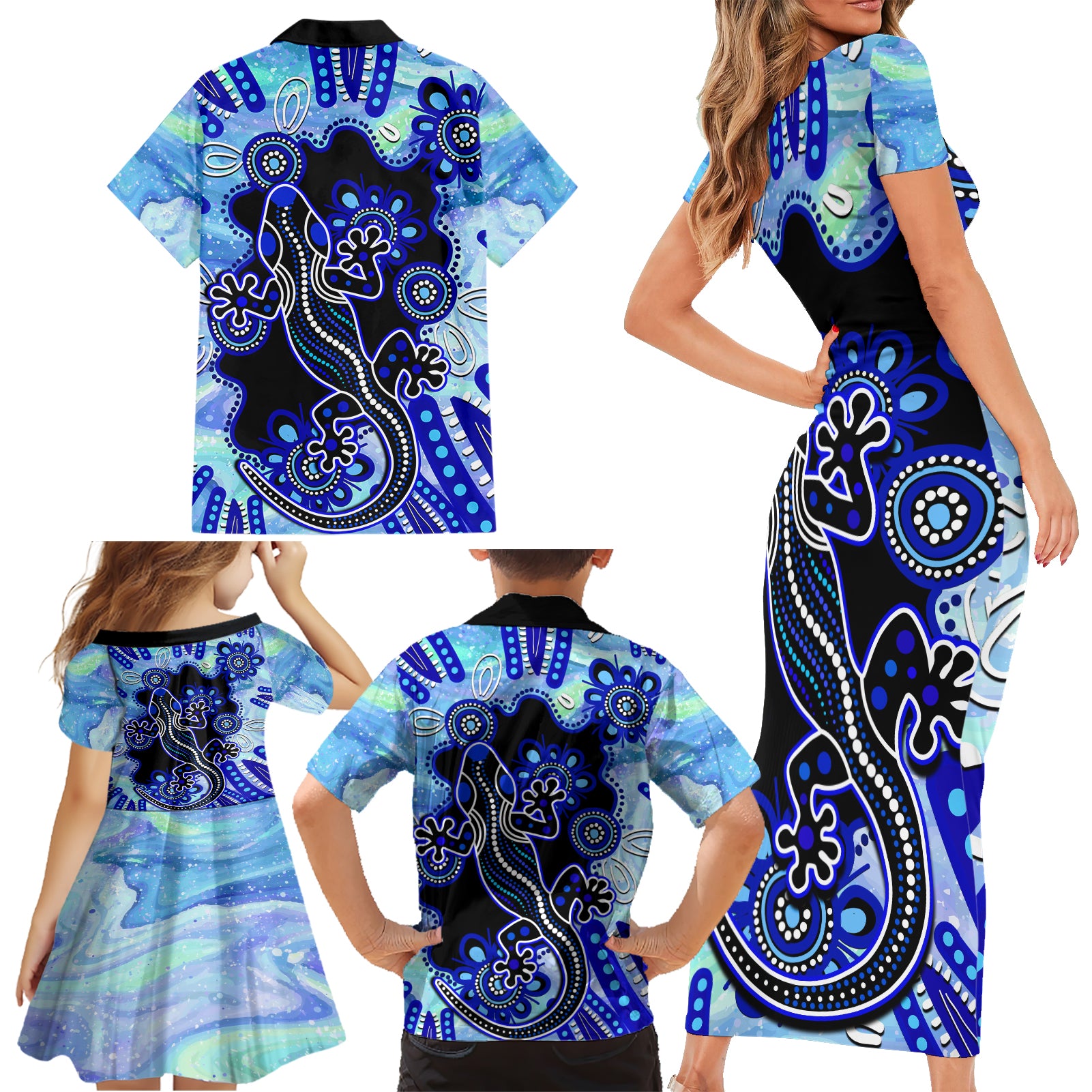 australia-family-matching-short-sleeve-bodycon-dress-and-hawaiian-shirt-aussie-opal-pattern-with-lizard-aboriginal-art-turquoise