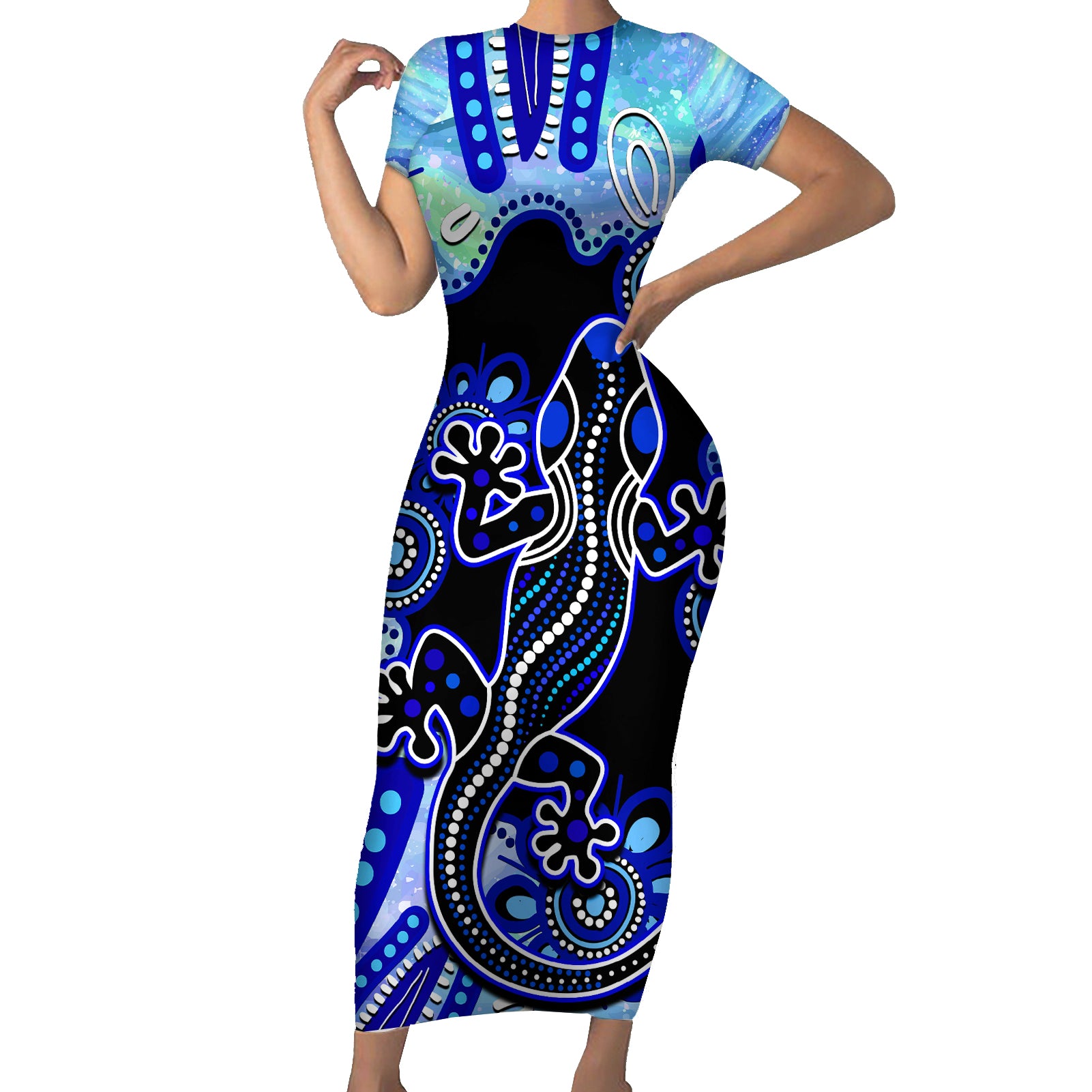 australia-family-matching-short-sleeve-bodycon-dress-and-hawaiian-shirt-aussie-opal-pattern-with-lizard-aboriginal-art-turquoise