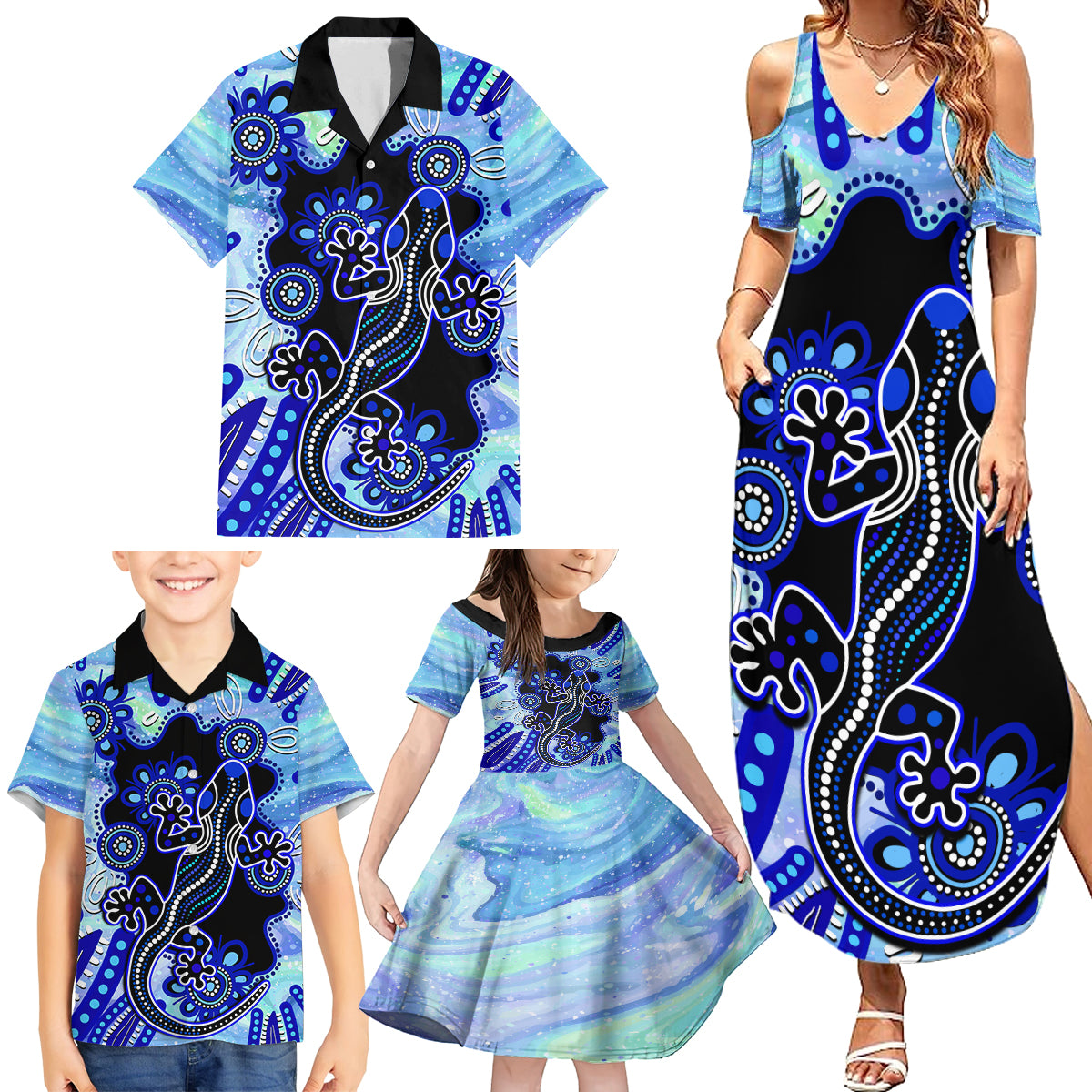 australia-family-matching-summer-maxi-dress-and-hawaiian-shirt-aussie-opal-pattern-with-lizard-aboriginal-art-turquoise