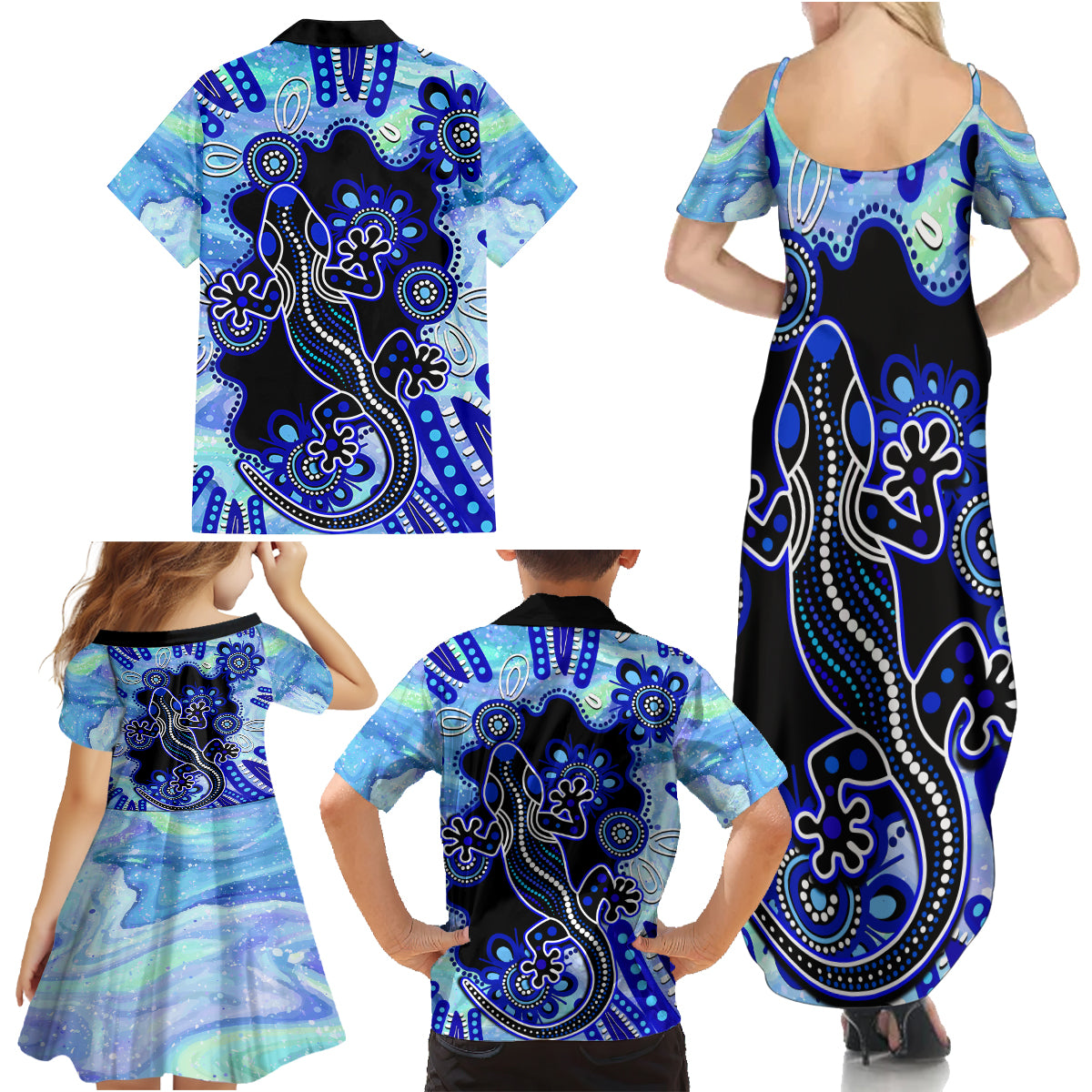 australia-family-matching-summer-maxi-dress-and-hawaiian-shirt-aussie-opal-pattern-with-lizard-aboriginal-art-turquoise