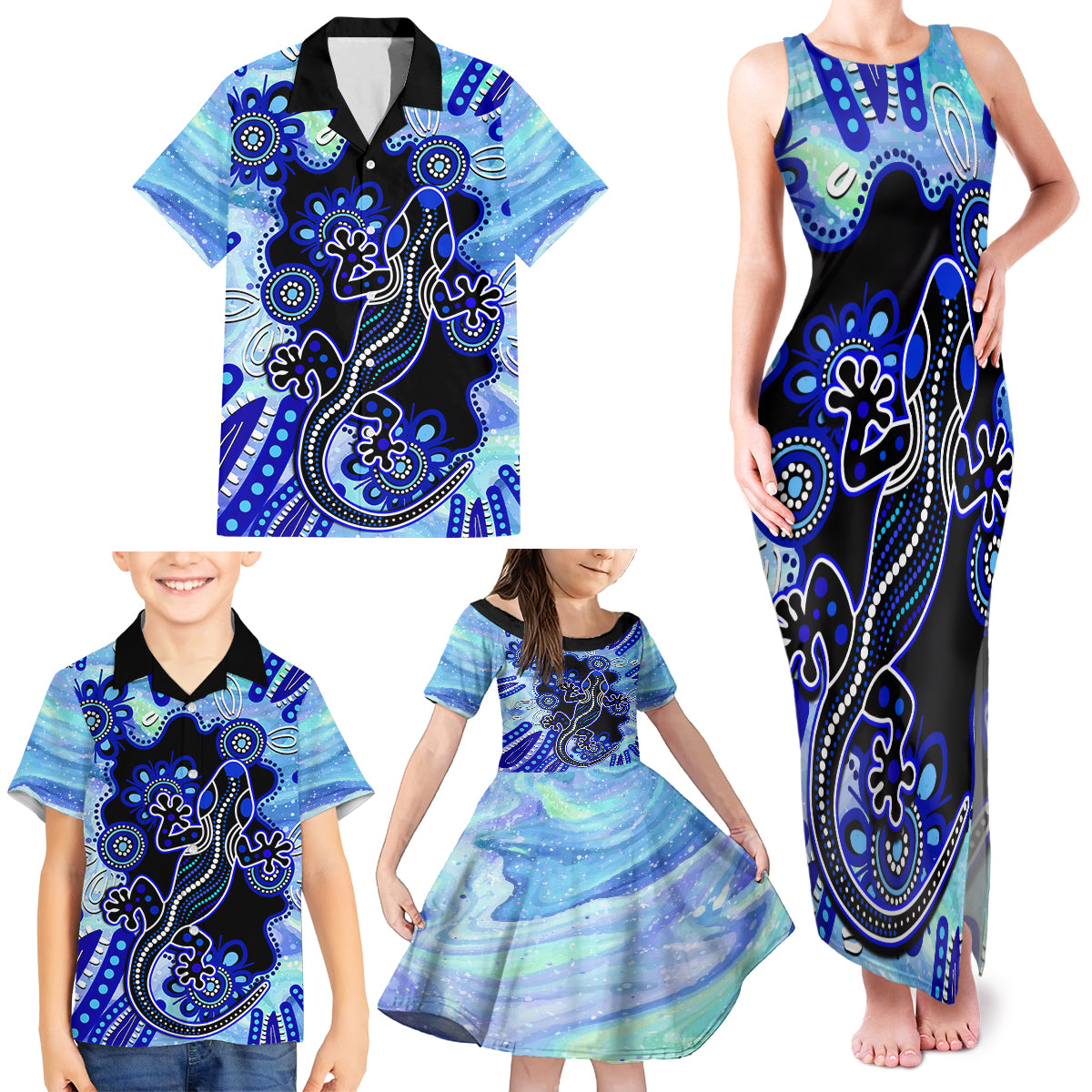 australia-family-matching-tank-maxi-dress-and-hawaiian-shirt-aussie-opal-pattern-with-lizard-aboriginal-art-turquoise