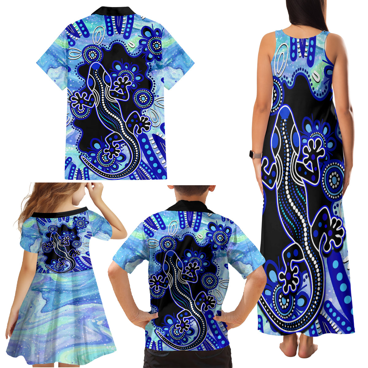 australia-family-matching-tank-maxi-dress-and-hawaiian-shirt-aussie-opal-pattern-with-lizard-aboriginal-art-turquoise