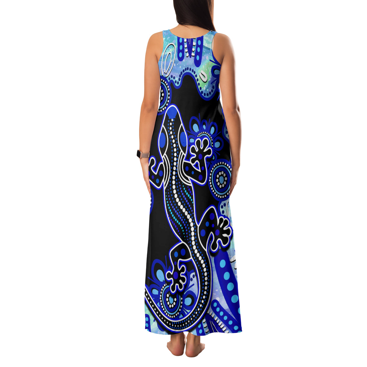 australia-family-matching-tank-maxi-dress-and-hawaiian-shirt-aussie-opal-pattern-with-lizard-aboriginal-art-turquoise