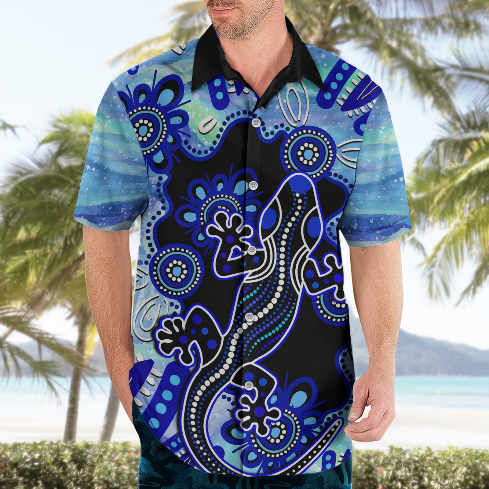 Australia Hawaiian Shirt Aussie Opal Pattern With Lizard Aboriginal Art - Turquoise - Vibe Hoodie Shop