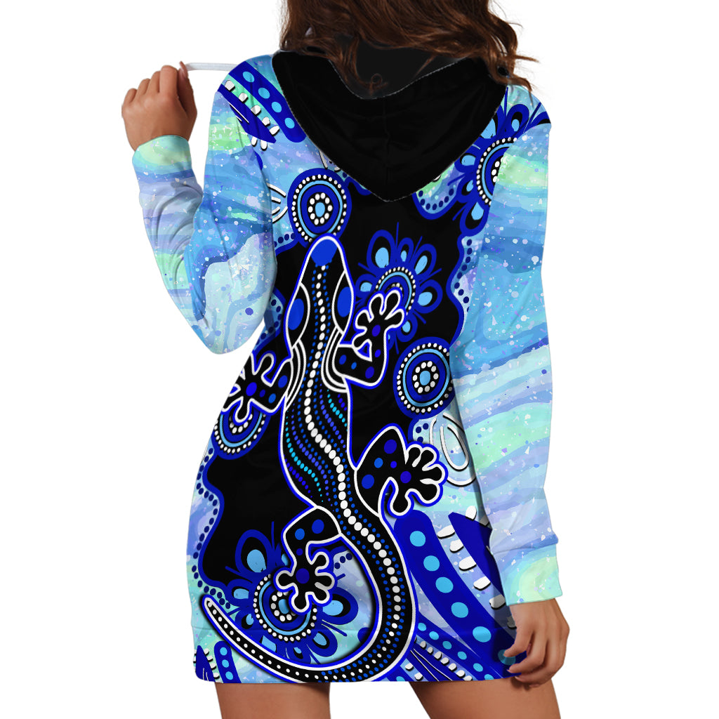 Australia Hoodie Dress Aussie Opal Pattern With Lizard Aboriginal Art - Turquoise - Vibe Hoodie Shop