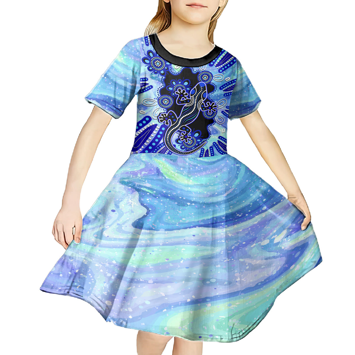 Australia Kid Short Sleeve Dress Aussie Opal Pattern With Lizard Aboriginal Art - Turquoise - Vibe Hoodie Shop