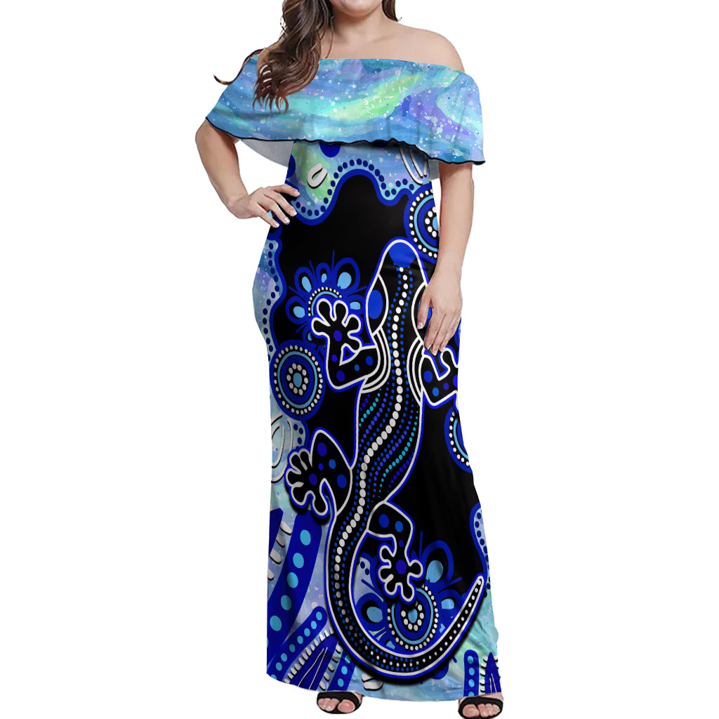 australia-off-shoulder-maxi-dress-aussie-opal-pattern-with-lizard-aboriginal-art-turquoise