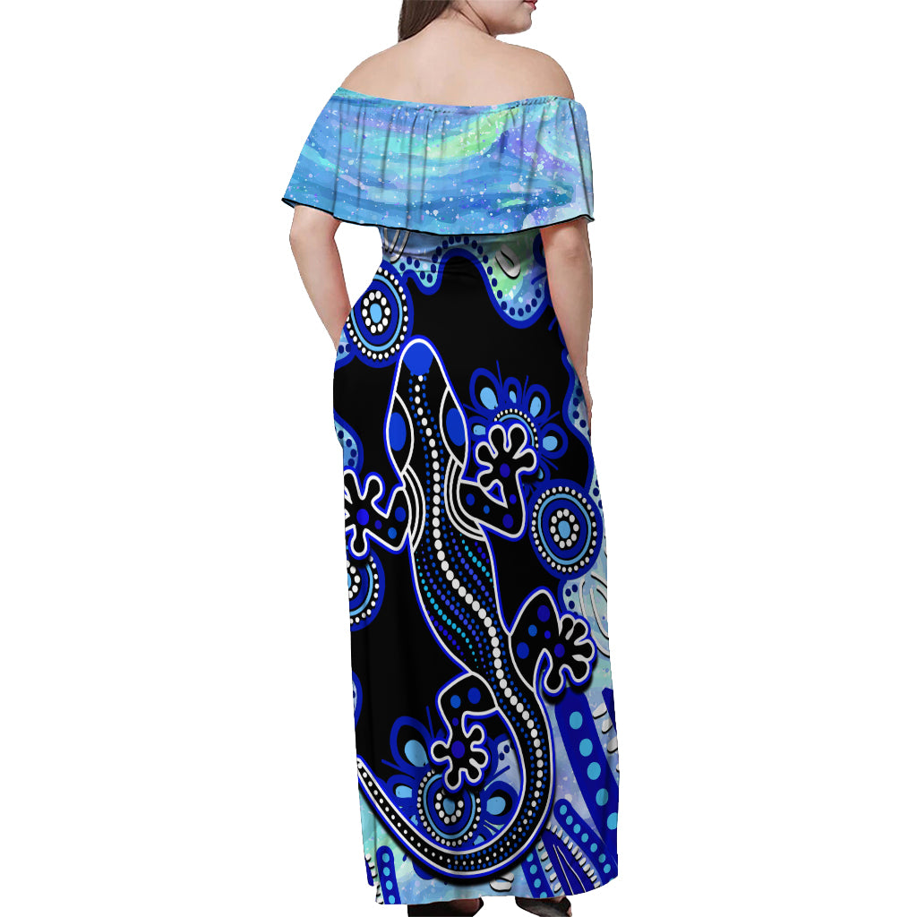 australia-off-shoulder-maxi-dress-aussie-opal-pattern-with-lizard-aboriginal-art-turquoise