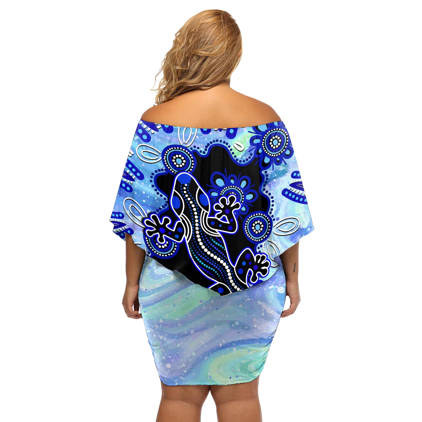 australia-off-shoulder-short-dress-aussie-opal-pattern-with-lizard-aboriginal-art-turquoise