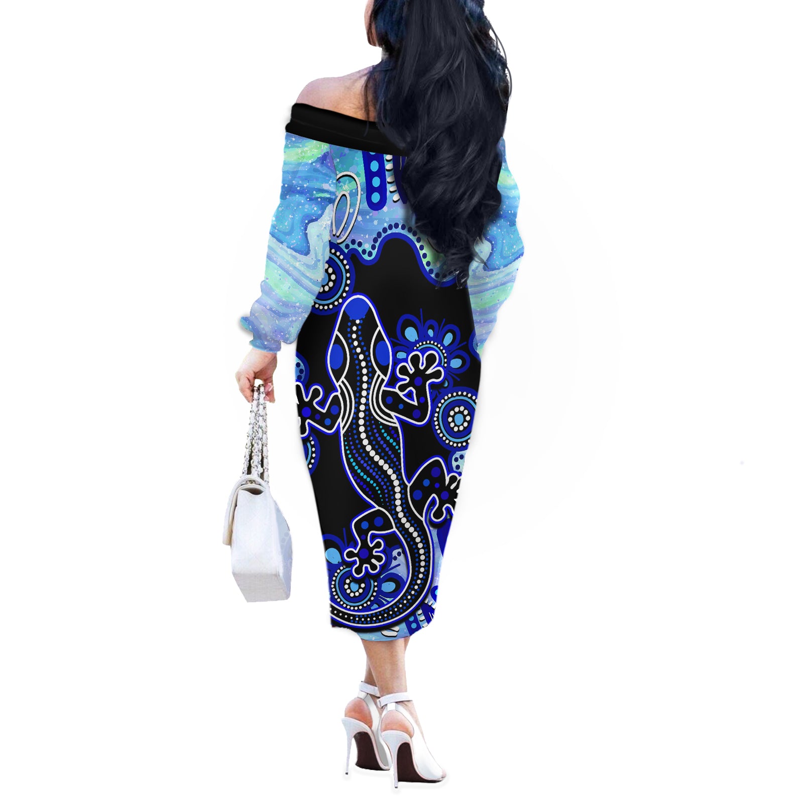 australia-off-the-shoulder-long-sleeve-dress-aussie-opal-pattern-with-lizard-aboriginal-art-turquoise