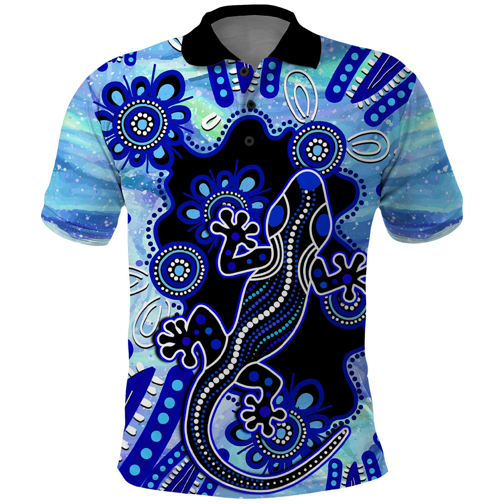 Australia Polo Shirt Aussie Opal Pattern With Lizard Aboriginal Art - Turquoise - Vibe Hoodie Shop