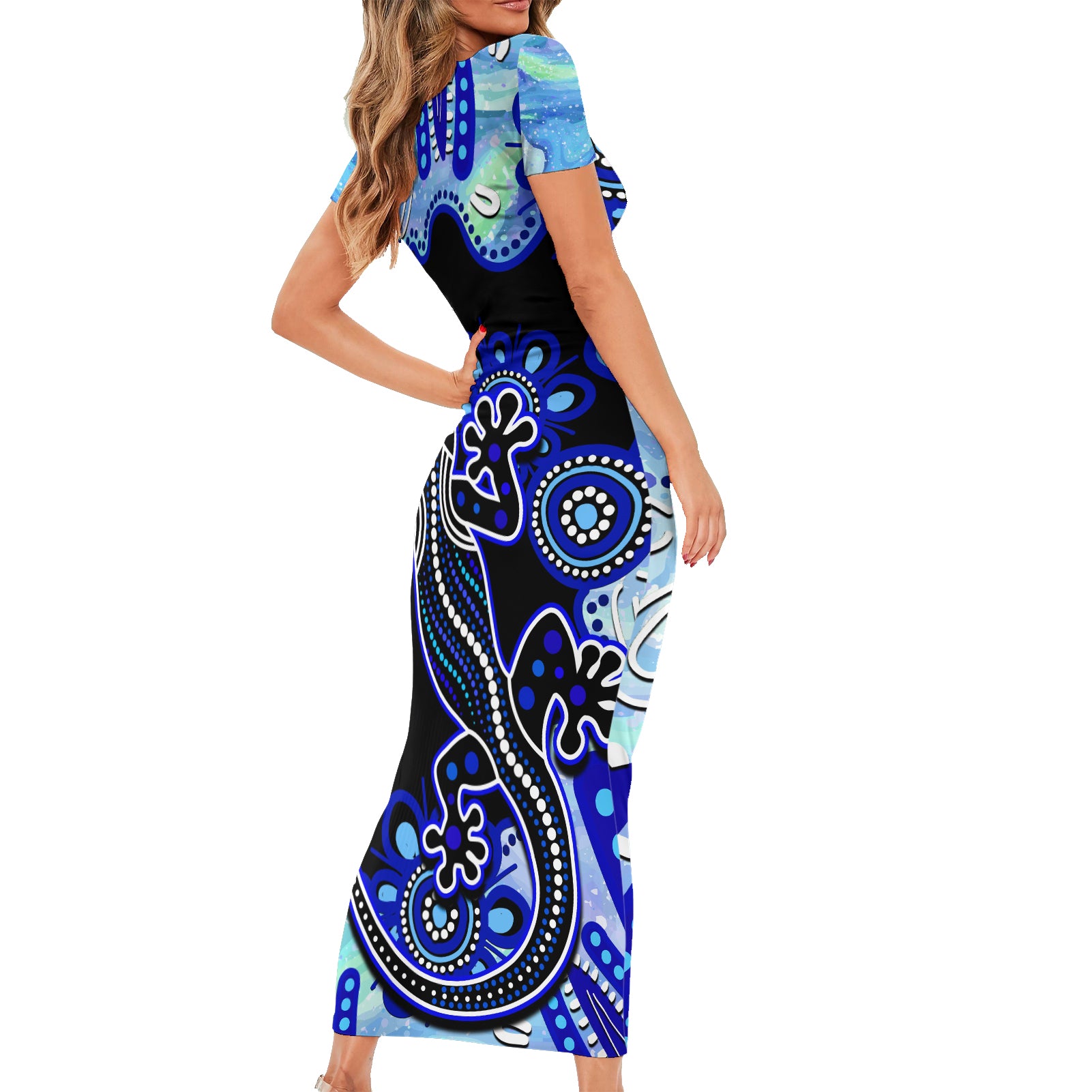 australia-short-sleeve-bodycon-dress-aussie-opal-pattern-with-lizard-aboriginal-art-turquoise