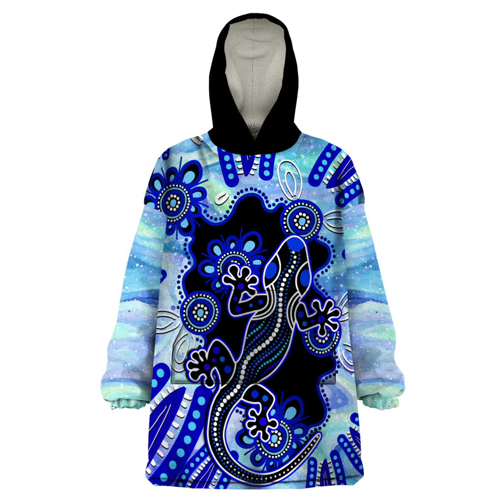 Australia Wearable Blanket Hoodie Aussie Opal Pattern With Lizard Aboriginal Art - Turquoise - Vibe Hoodie Shop