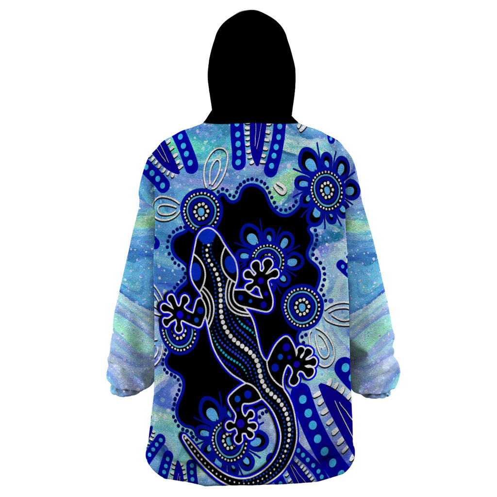 Australia Wearable Blanket Hoodie Aussie Opal Pattern With Lizard Aboriginal Art - Turquoise - Vibe Hoodie Shop