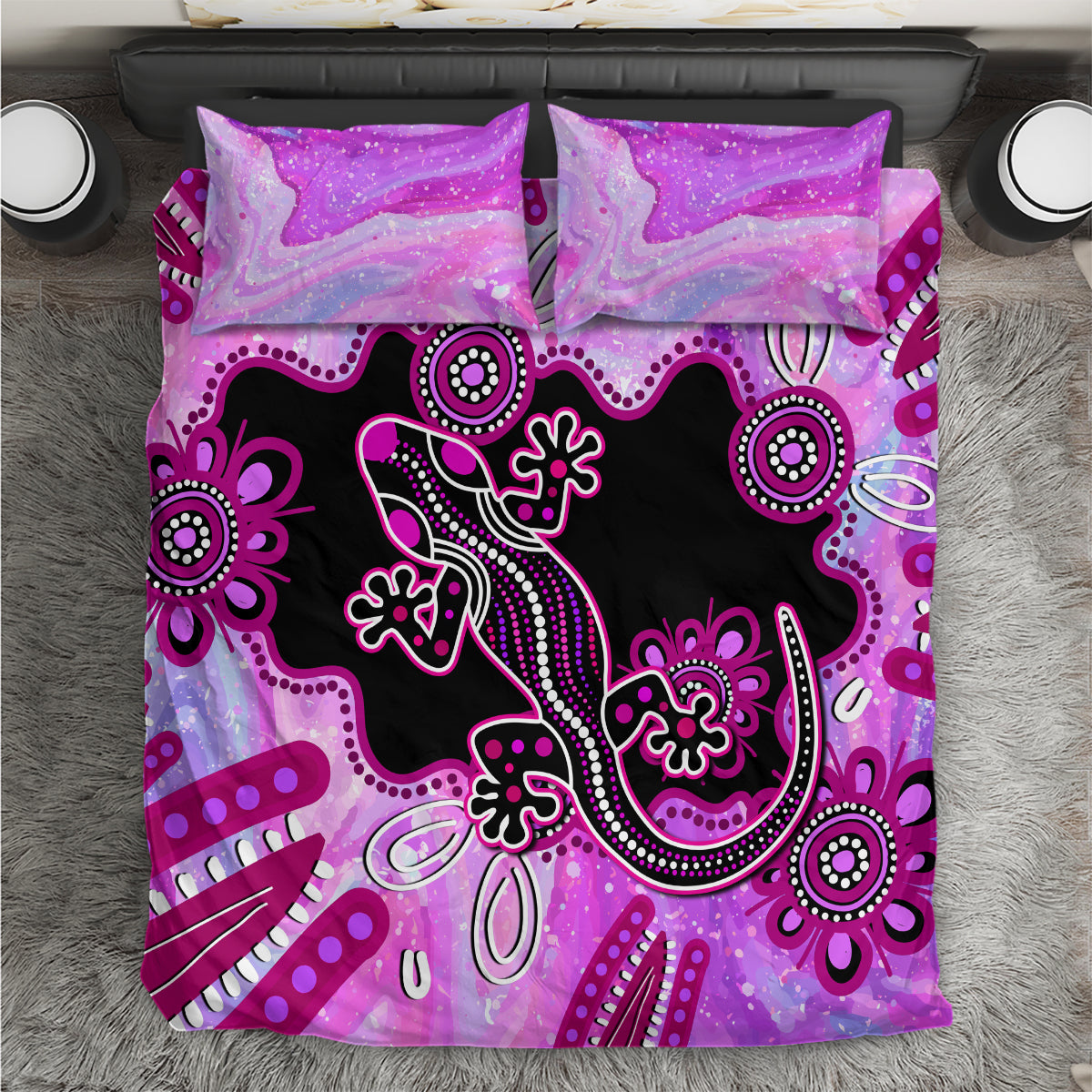 Australia Bedding Set Aussie Opal Pattern With Lizard Aboriginal Art - Pink - Vibe Hoodie Shop