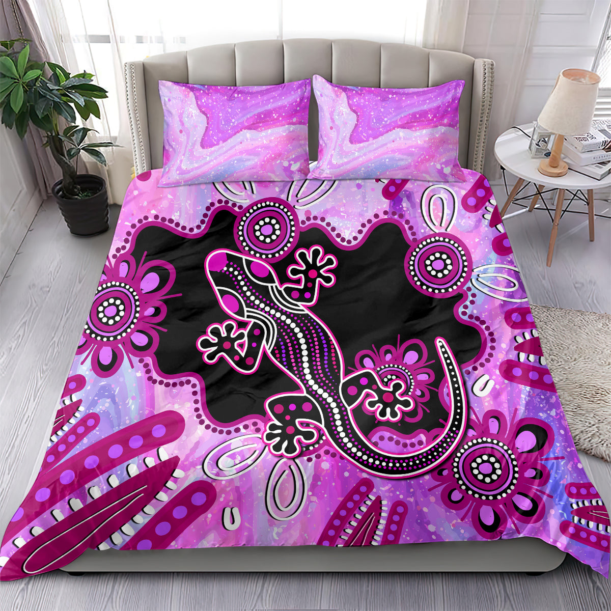 Australia Bedding Set Aussie Opal Pattern With Lizard Aboriginal Art - Pink - Vibe Hoodie Shop