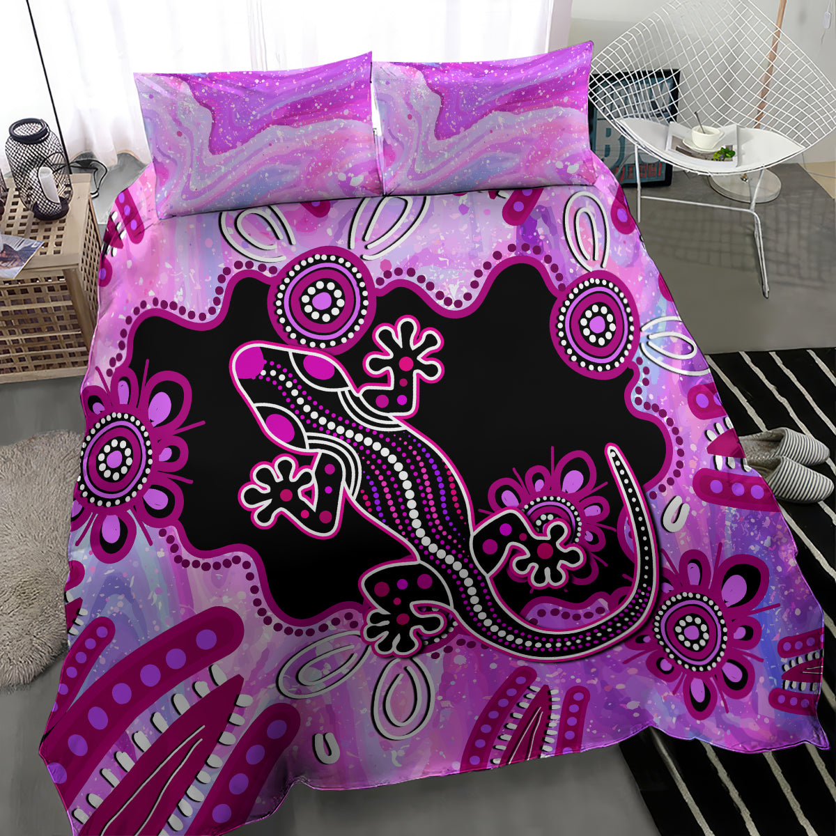 Australia Bedding Set Aussie Opal Pattern With Lizard Aboriginal Art - Pink - Vibe Hoodie Shop