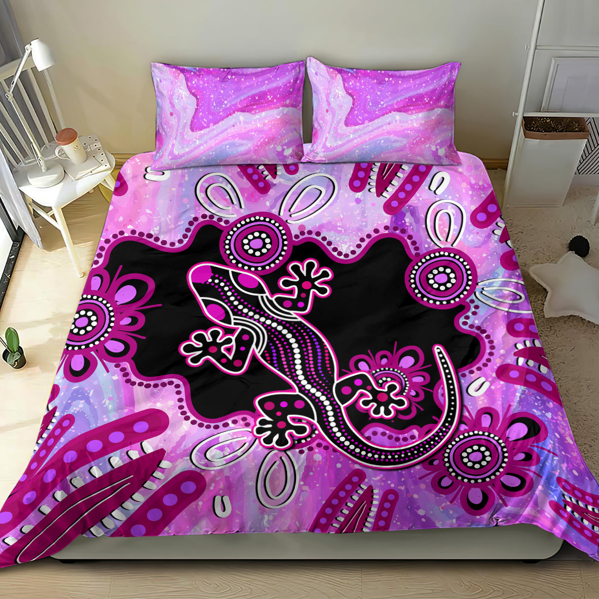 Australia Bedding Set Aussie Opal Pattern With Lizard Aboriginal Art - Pink - Vibe Hoodie Shop