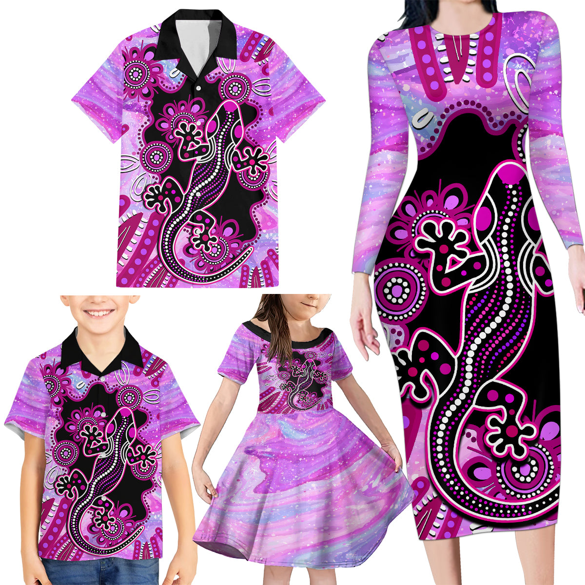 australia-family-matching-long-sleeve-bodycon-dress-and-hawaiian-shirt-aussie-opal-pattern-with-lizard-aboriginal-art-pink