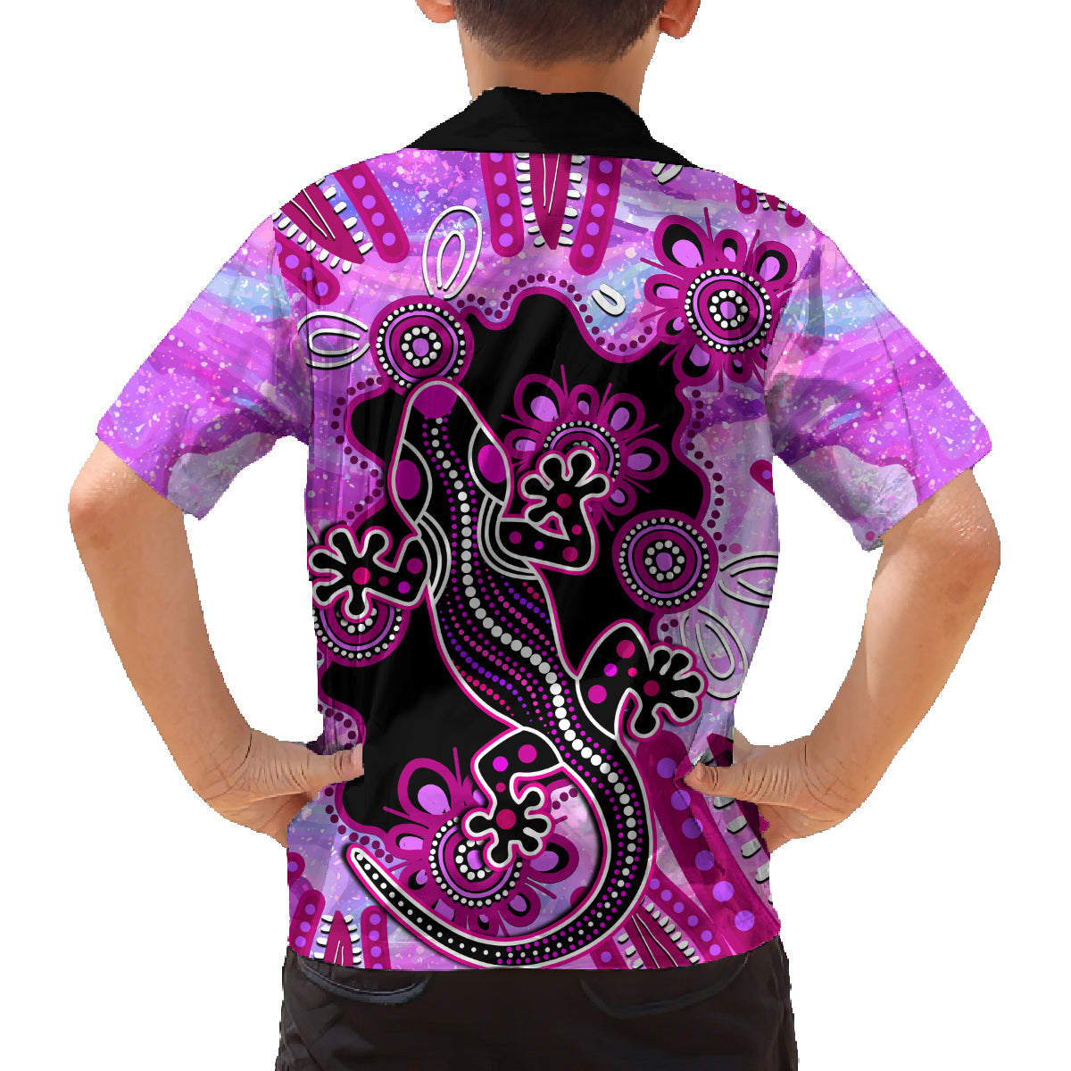 australia-family-matching-long-sleeve-bodycon-dress-and-hawaiian-shirt-aussie-opal-pattern-with-lizard-aboriginal-art-pink