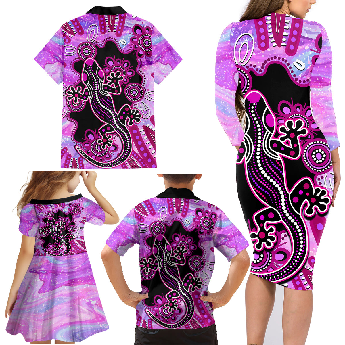 australia-family-matching-long-sleeve-bodycon-dress-and-hawaiian-shirt-aussie-opal-pattern-with-lizard-aboriginal-art-pink