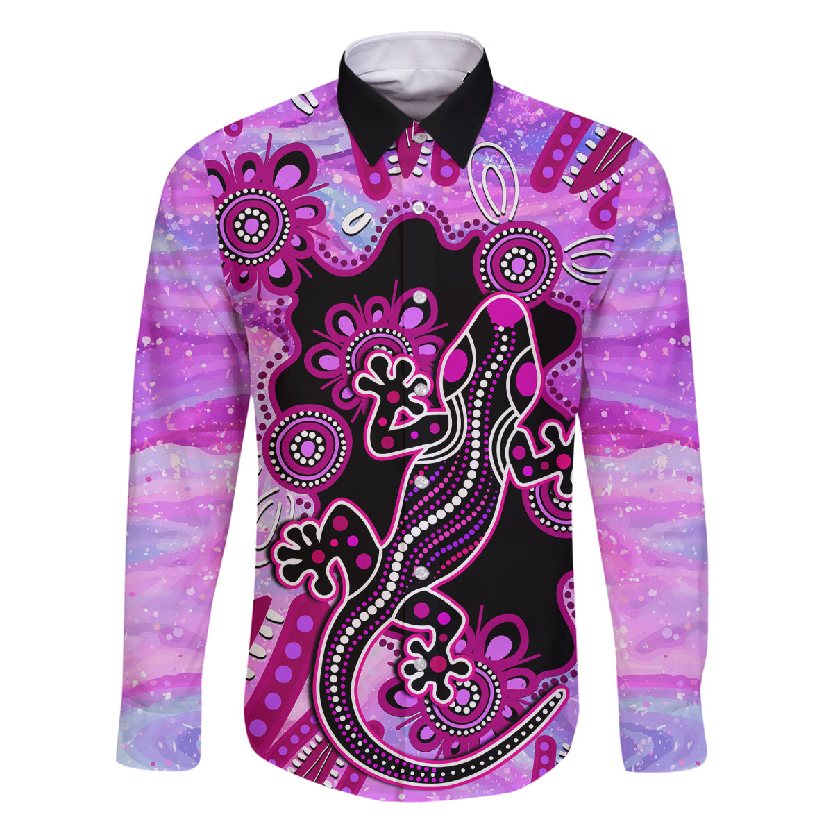 australia-family-matching-long-sleeve-bodycon-dress-and-hawaiian-shirt-aussie-opal-pattern-with-lizard-aboriginal-art-pink