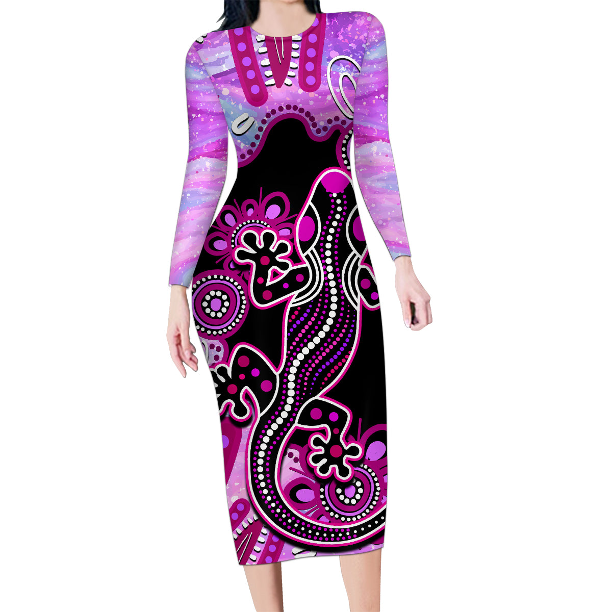 australia-family-matching-long-sleeve-bodycon-dress-and-hawaiian-shirt-aussie-opal-pattern-with-lizard-aboriginal-art-pink