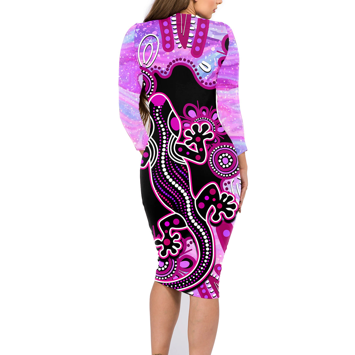 australia-family-matching-long-sleeve-bodycon-dress-and-hawaiian-shirt-aussie-opal-pattern-with-lizard-aboriginal-art-pink