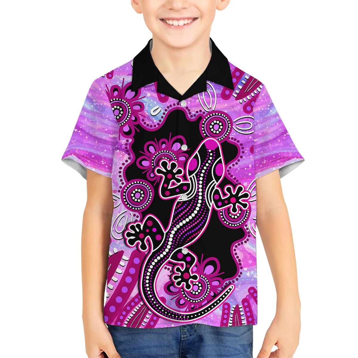 australia-family-matching-long-sleeve-bodycon-dress-and-hawaiian-shirt-aussie-opal-pattern-with-lizard-aboriginal-art-pink