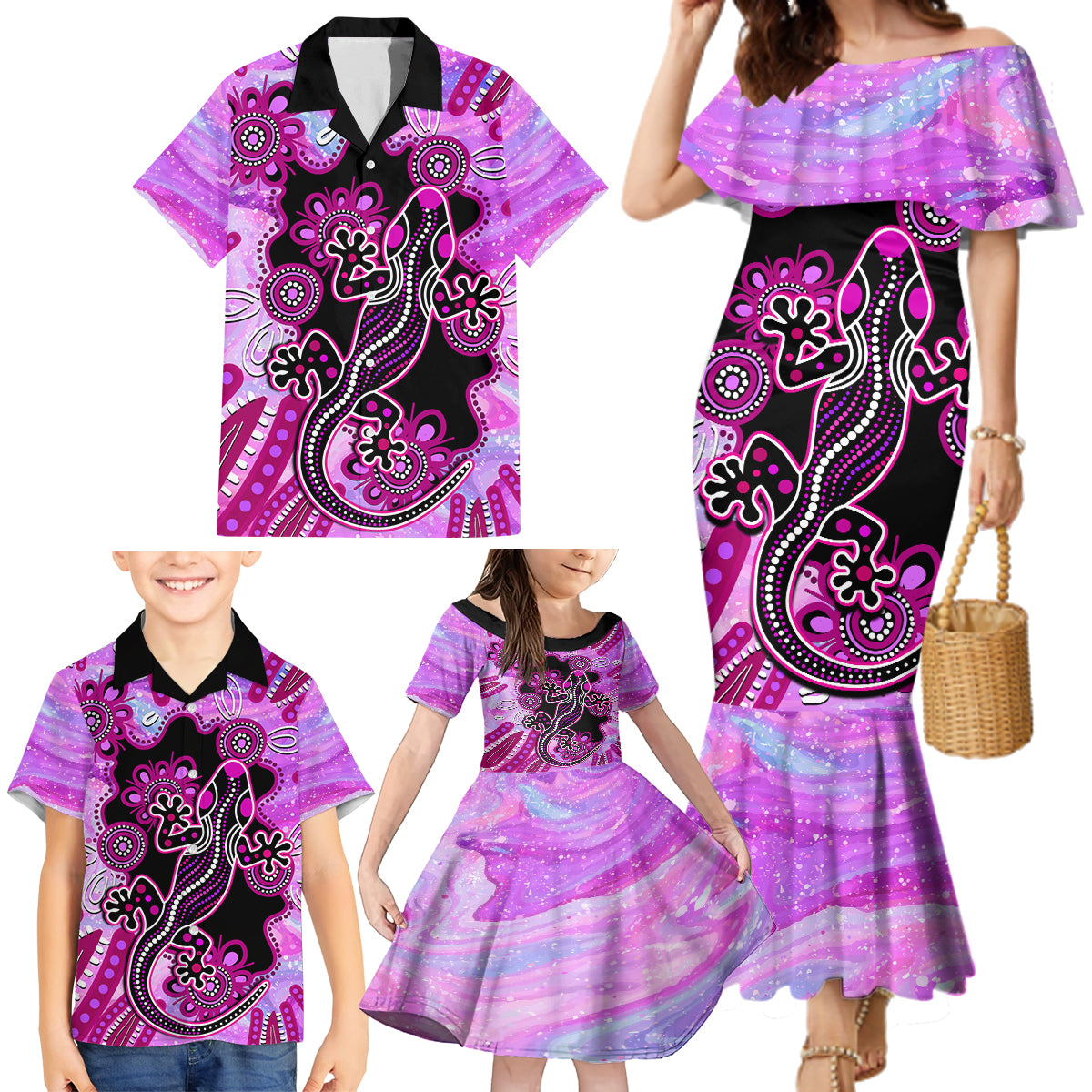 australia-family-matching-mermaid-dress-and-hawaiian-shirt-aussie-opal-pattern-with-lizard-aboriginal-art-pink