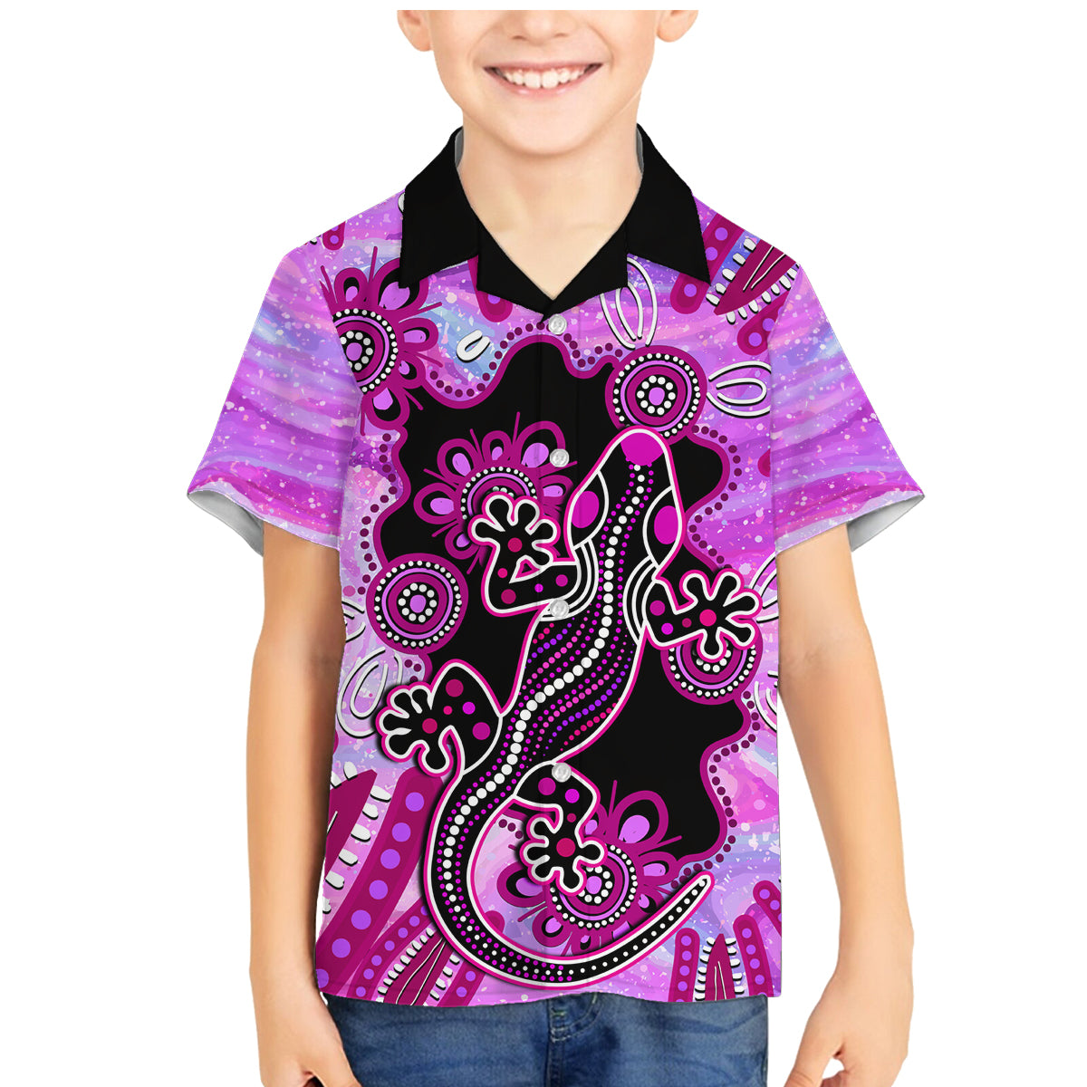 australia-family-matching-mermaid-dress-and-hawaiian-shirt-aussie-opal-pattern-with-lizard-aboriginal-art-pink