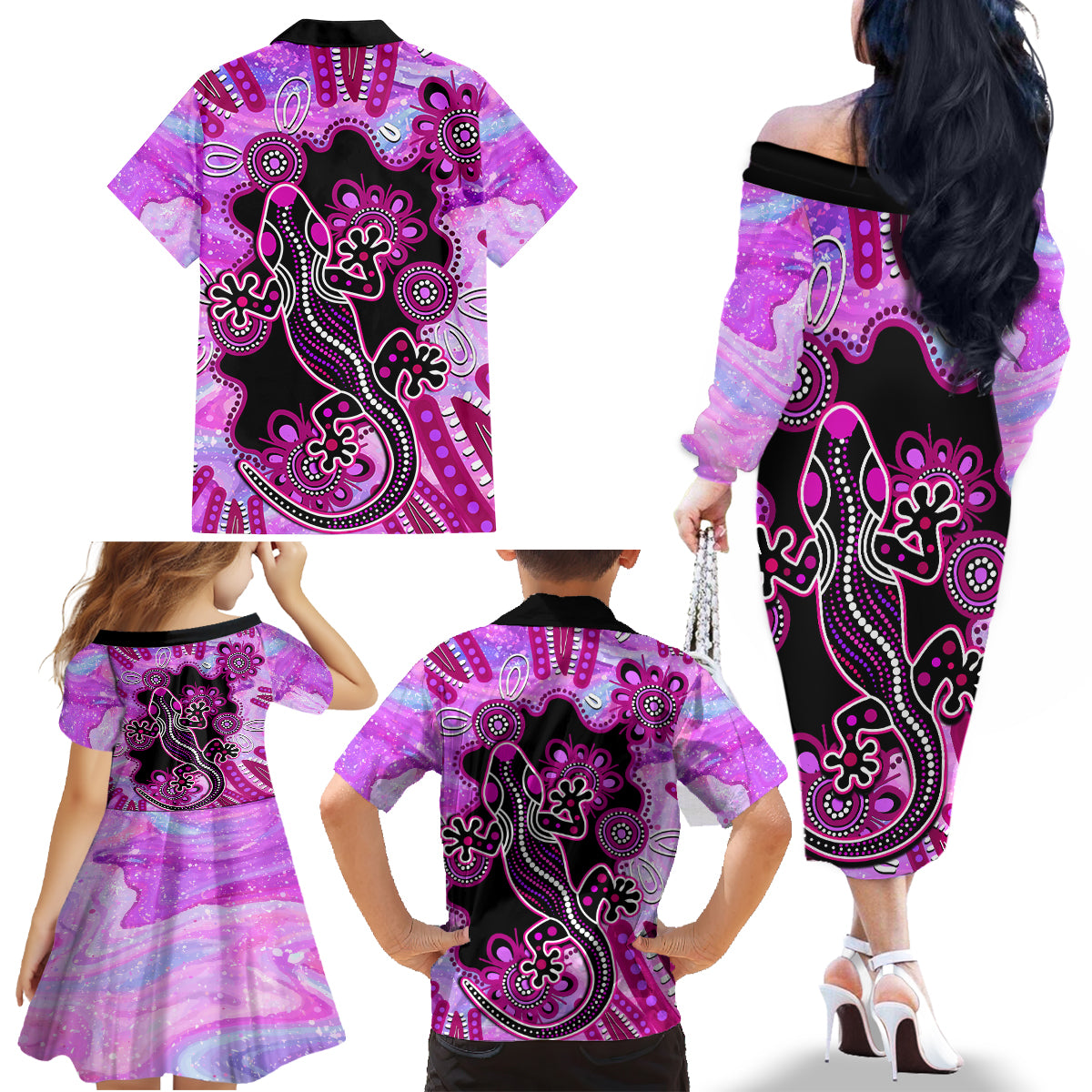 australia-family-matching-off-shoulder-long-sleeve-dress-and-hawaiian-shirt-aussie-opal-pattern-with-lizard-aboriginal-art-pink