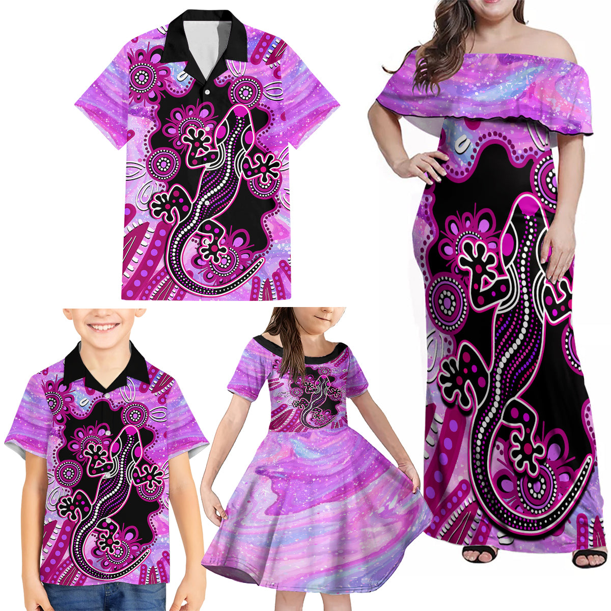 australia-family-matching-off-shoulder-maxi-dress-and-hawaiian-shirt-aussie-opal-pattern-with-lizard-aboriginal-art-pink