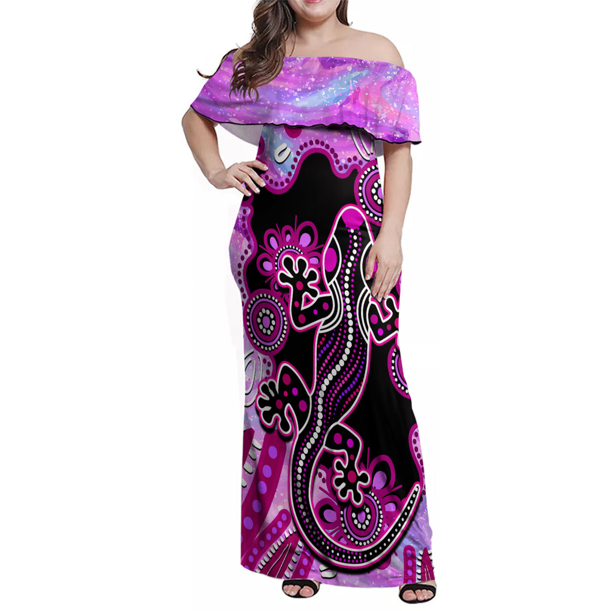 australia-family-matching-off-shoulder-maxi-dress-and-hawaiian-shirt-aussie-opal-pattern-with-lizard-aboriginal-art-pink