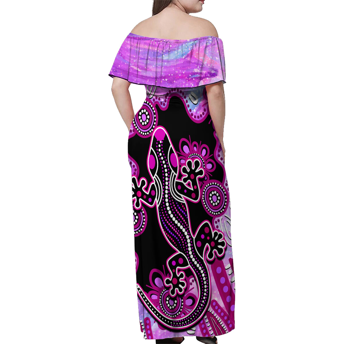 australia-family-matching-off-shoulder-maxi-dress-and-hawaiian-shirt-aussie-opal-pattern-with-lizard-aboriginal-art-pink