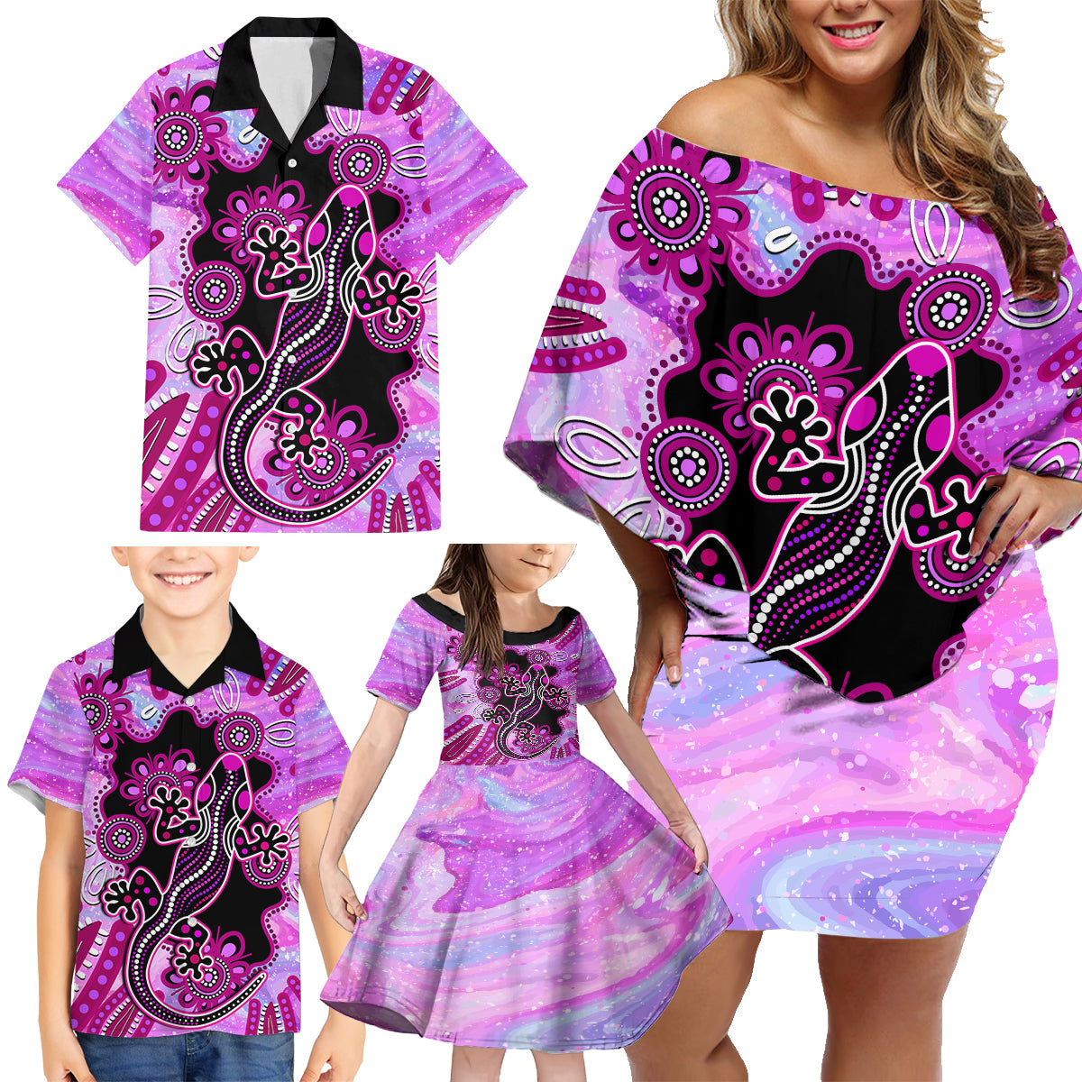 australia-family-matching-off-shoulder-short-dress-and-hawaiian-shirt-aussie-opal-pattern-with-lizard-aboriginal-art-pink