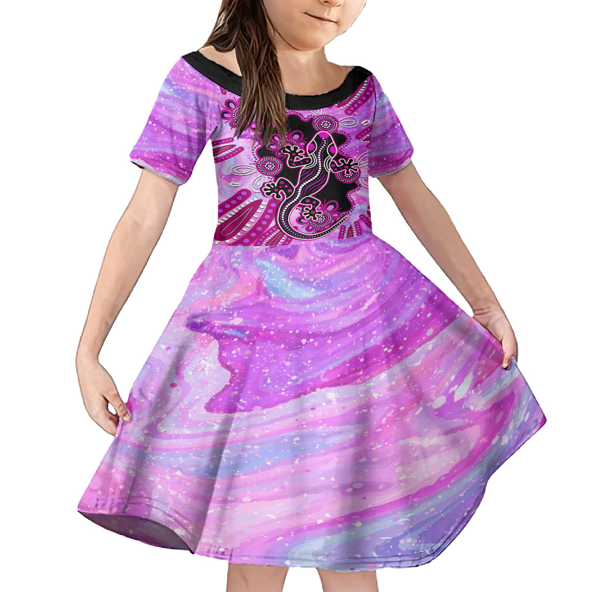 australia-family-matching-off-shoulder-short-dress-and-hawaiian-shirt-aussie-opal-pattern-with-lizard-aboriginal-art-pink