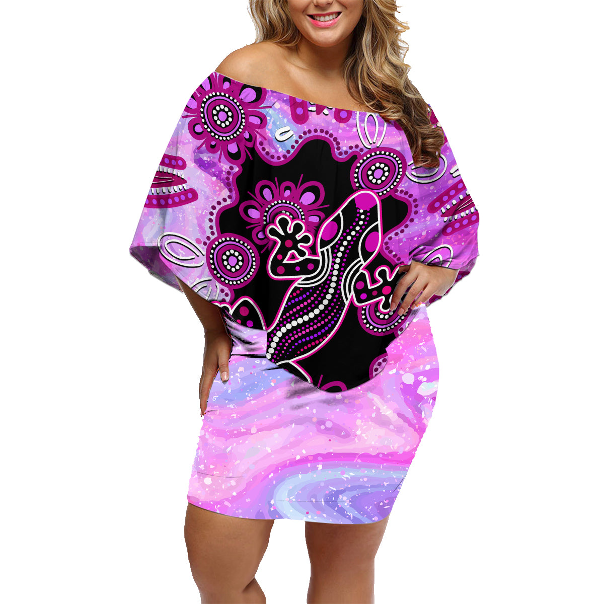 australia-family-matching-off-shoulder-short-dress-and-hawaiian-shirt-aussie-opal-pattern-with-lizard-aboriginal-art-pink