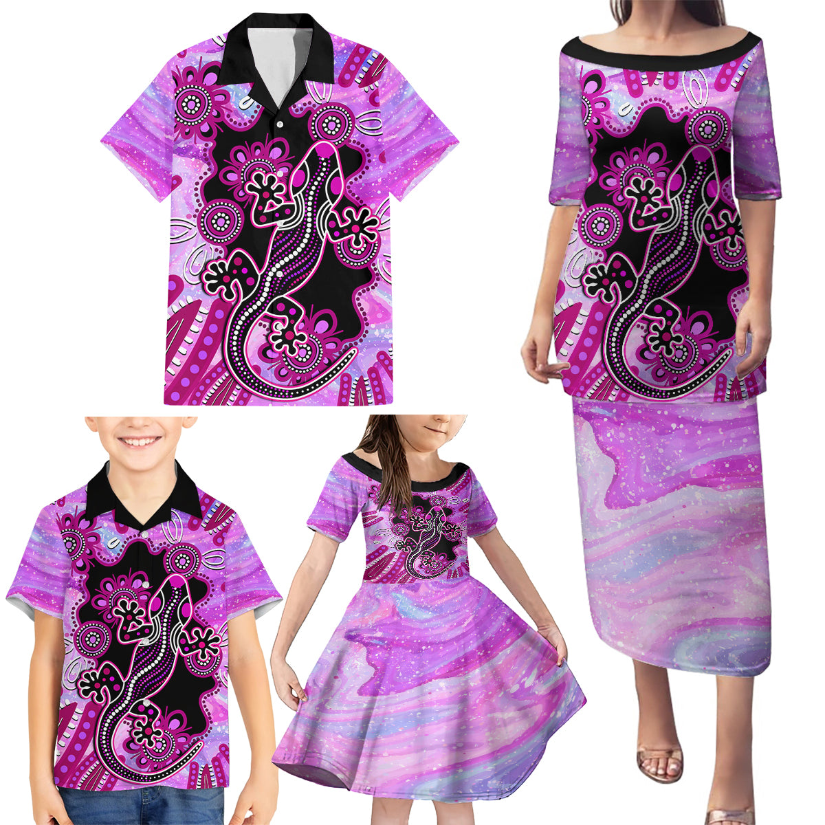 australia-family-matching-puletasi-dress-and-hawaiian-shirt-aussie-opal-pattern-with-lizard-aboriginal-art-pink