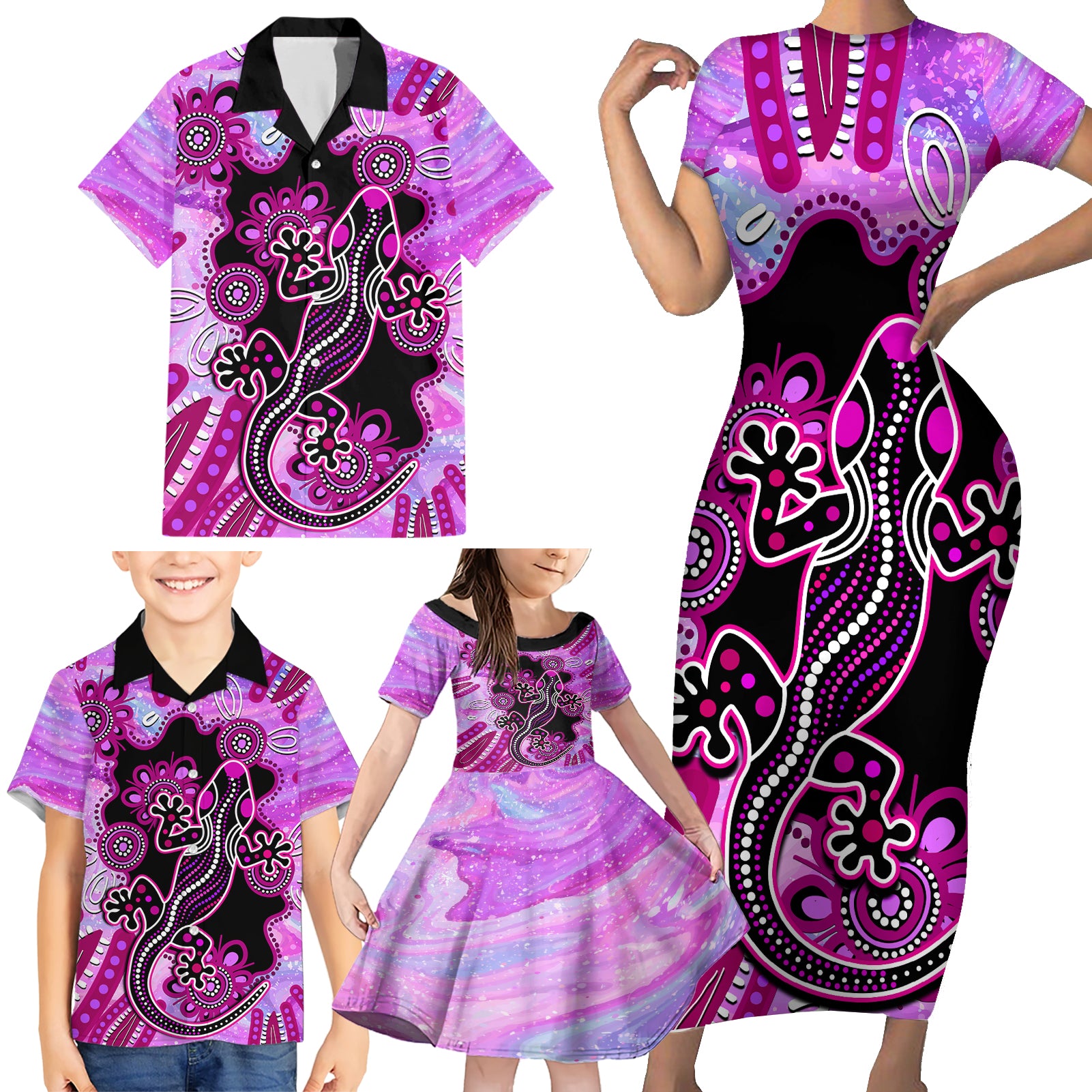 australia-family-matching-short-sleeve-bodycon-dress-and-hawaiian-shirt-aussie-opal-pattern-with-lizard-aboriginal-art-pink