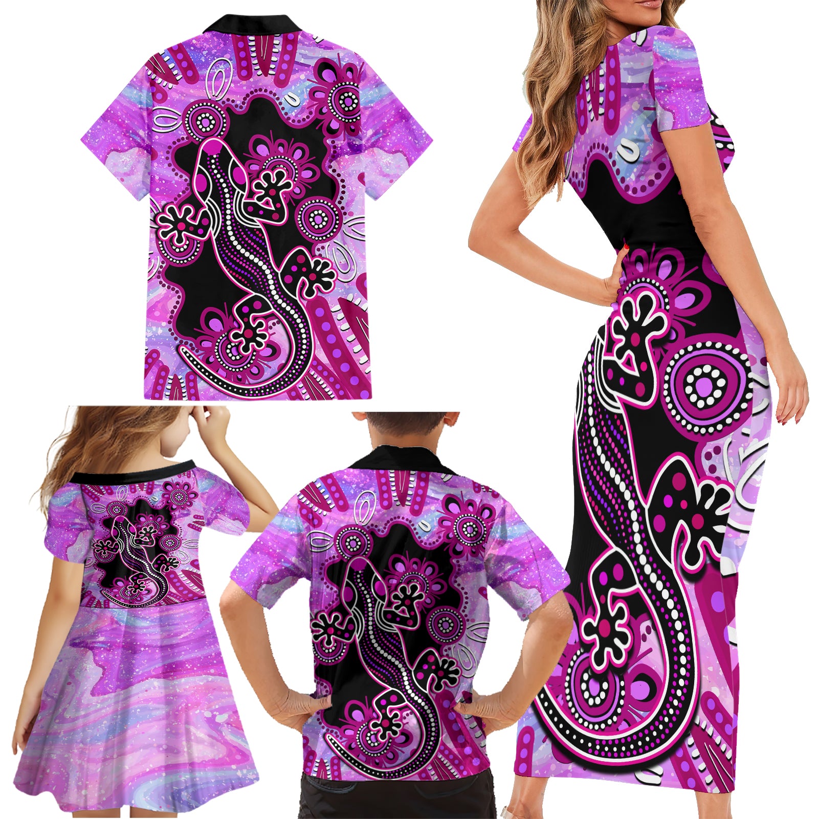 australia-family-matching-short-sleeve-bodycon-dress-and-hawaiian-shirt-aussie-opal-pattern-with-lizard-aboriginal-art-pink