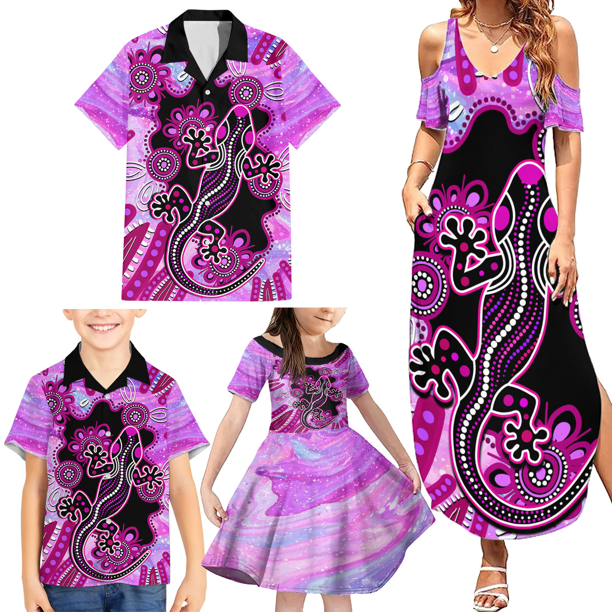 australia-family-matching-summer-maxi-dress-and-hawaiian-shirt-aussie-opal-pattern-with-lizard-aboriginal-art-pink