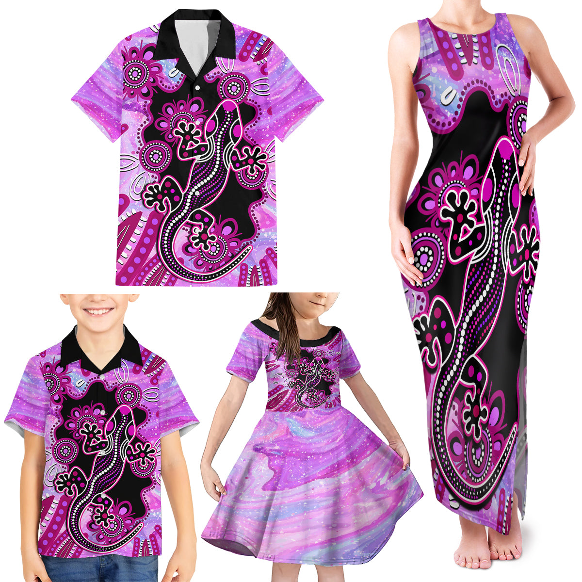 australia-family-matching-tank-maxi-dress-and-hawaiian-shirt-aussie-opal-pattern-with-lizard-aboriginal-art-pink