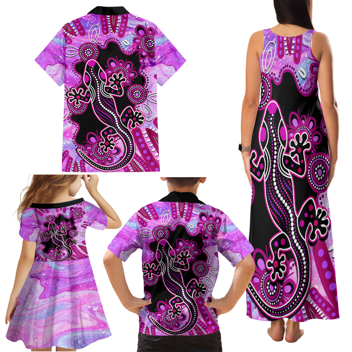 australia-family-matching-tank-maxi-dress-and-hawaiian-shirt-aussie-opal-pattern-with-lizard-aboriginal-art-pink