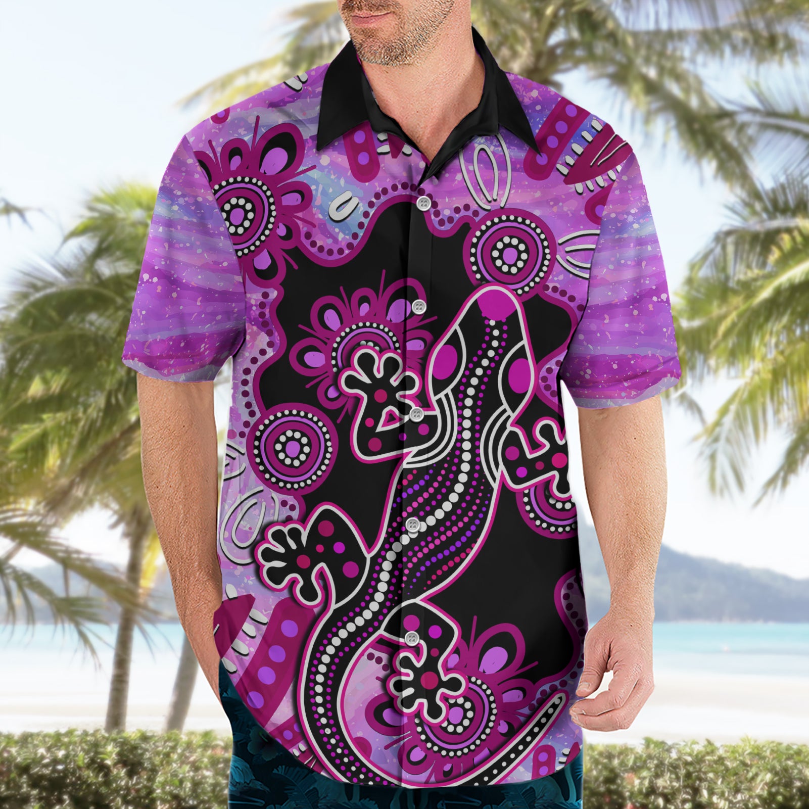 Australia Hawaiian Shirt Aussie Opal Pattern With Lizard Aboriginal Art - Pink - Vibe Hoodie Shop