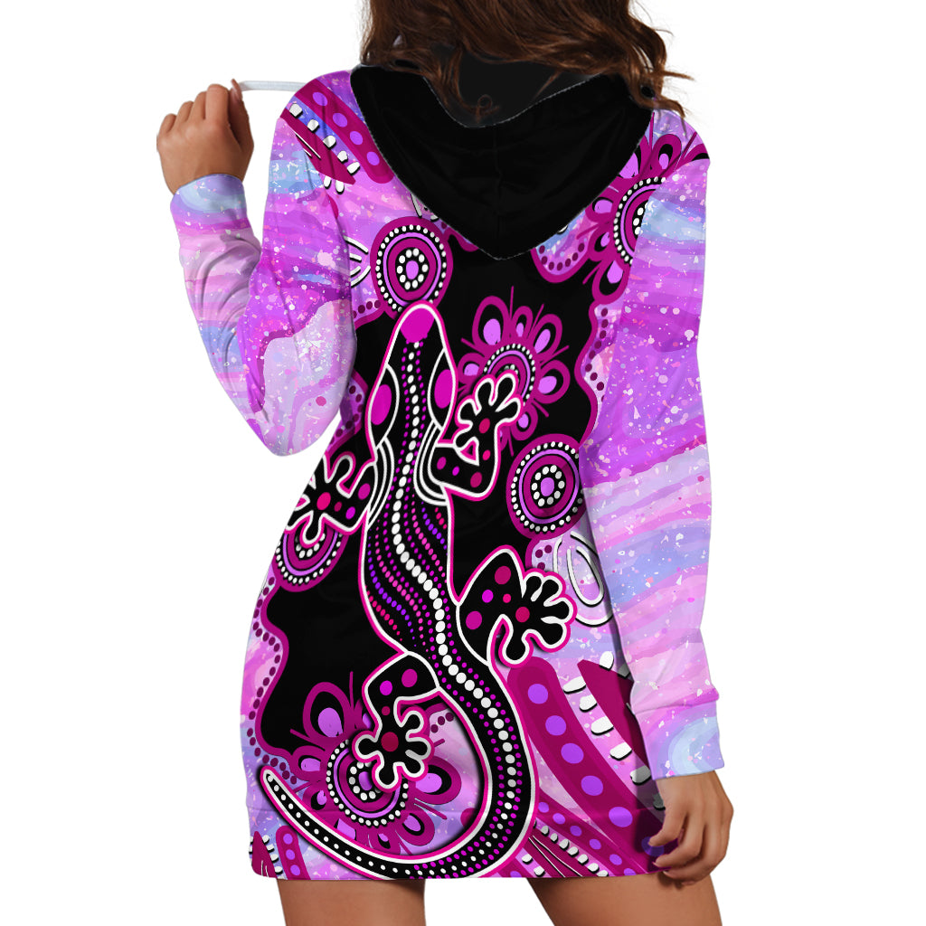 Australia Hoodie Dress Aussie Opal Pattern With Lizard Aboriginal Art - Pink - Vibe Hoodie Shop