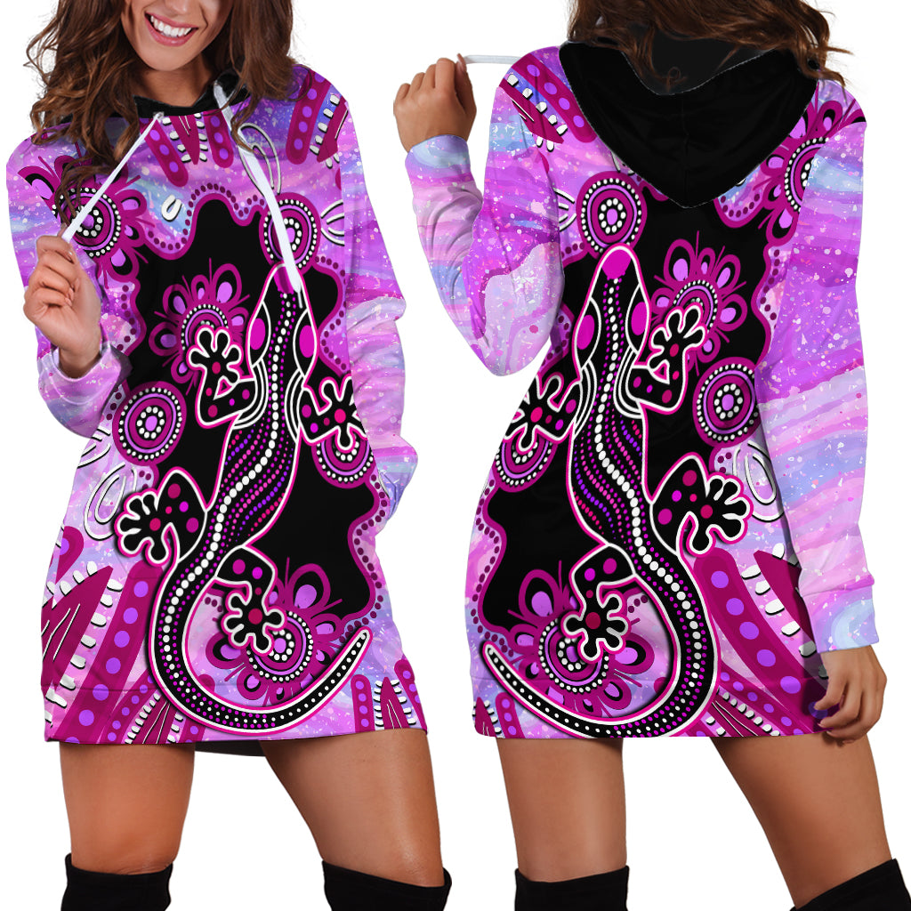 Australia Hoodie Dress Aussie Opal Pattern With Lizard Aboriginal Art - Pink - Vibe Hoodie Shop